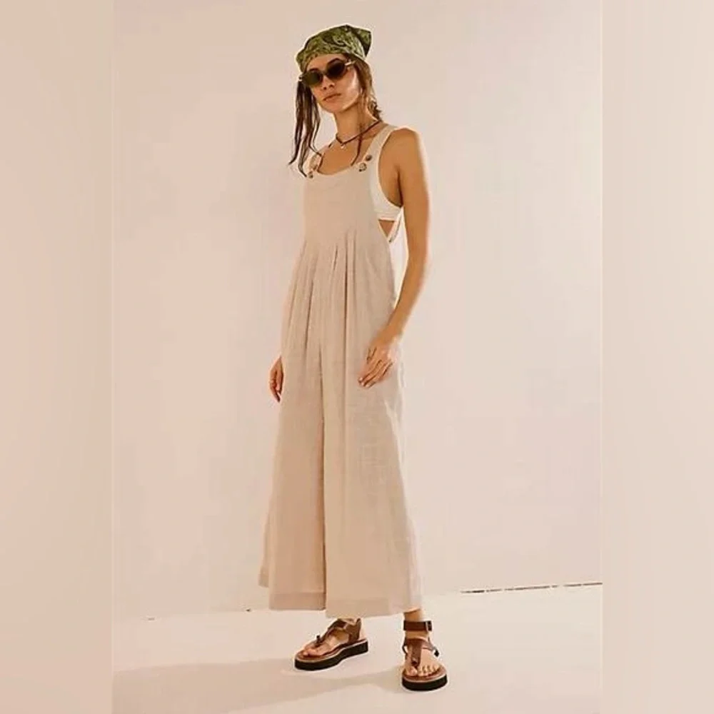 Free People sun drenched linen wide leg overalls - Picture 1 of 7